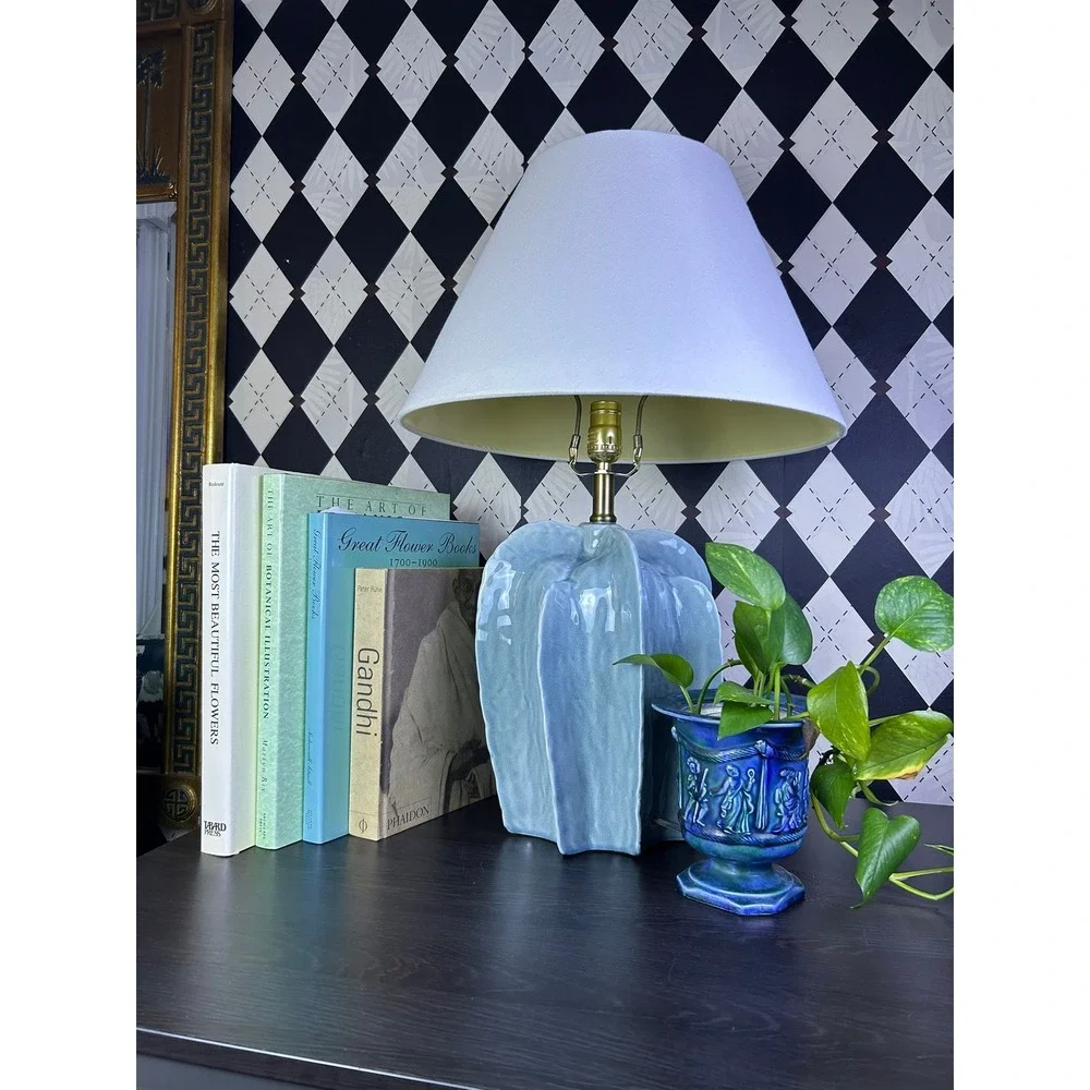 Large Sculptural Blue Pottery Table Lamp Fluted Statement Lighting 25